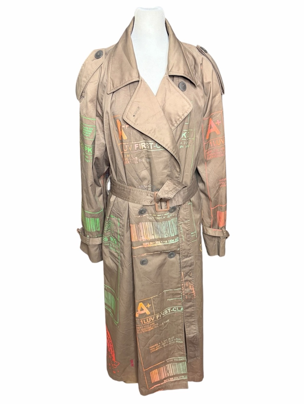 Graphic-Print Tan Trench Coat with Belt